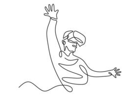 One continuous line drawing of a young man uses Virtual Reality glasses to playing games. A male in head position looked up and spread his arms while wearing virtual reality. Vector illustration