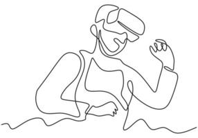 Young man wearing VR glasses one continuous line drawing. A young man uses glasses device virtual reality when playing games at home hand drawn line art minimalism style. Vector illustration