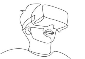 Young man wearing VR glasses one continuous line drawing. A young man uses glasses device virtual reality when playing games at home hand drawn line art minimalism style. Vector illustration