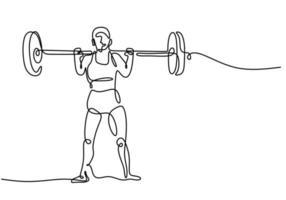 One single line drawing of young sportive man training lift barbell on bench press in sport gymnasium club center. Fitness stretching concept isolated on white background. Vector illustration