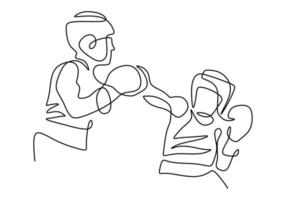 dibujo continuo de una línea de dos hombres jugando boxeo aislado sobre fondo blanco. Hombre joven boxeador profesional haciendo estiramientos antes de practicar el boxeo. ilustración vectorial de estilo minimalista vector