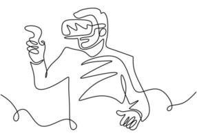 dibujo de línea continua del hombre con gafas vr, sosteniendo el controlador de movimiento. un hombre jugando juegos virtuales dibujados a mano dibujo de arte lineal diseño minimalista. tecnología, dispositivo, juego de azar, futuro, tema visual vector