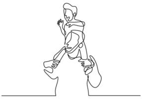 El dibujo continuo de una línea de un papá lleva al niño sobre los hombros y camina por el camino por la mañana. ilustración vectorial personaje de moda diseño minimalista arte dibujado a mano vector