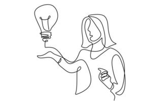 One single line drawing of young businesswoman presenting new idea for next project while showing a bulb lamp. Think big, point to idea concept. Effective training presentation in minimalist style vector