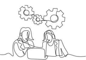 Continuous line drawing of two young businesswoman are looking at a laptop screen studying her new project plans. Brainstorming over project with geer wheels sign. Business teamwork concept vector