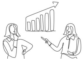 Continuous one single line drawing of two businesswoman giving presentation about increasing product sales to his team with the graph. Smart strategy and big idea concept. Vector illustration