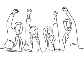 Continuous line drawing of office worker hands up and jumping happy. Young businessman and businesswoman expresses about success with new projects hand-drawn minimalism style. Vector illustration