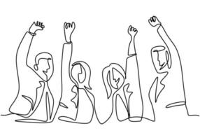 Continuous line drawing of office worker hands up and jumping happy. Young businessman and businesswoman expresses about success with new projects hand-drawn minimalism style. Vector illustration