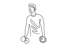 Hombre que sostiene el ejemplo del vector del dibujo de una línea continua de la barra. un hombre atlético fuerte que levanta pesas y que se entrena como culturista. tema de gimnasio de entrenamiento estilo minimalista de arte lineal dibujado a mano