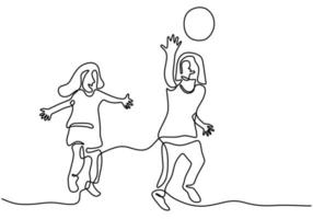 Two daughter playing together continuous one line art hand drawn minimalism design. Happy little girls playing ball in the beach for holiday. Children games concept. Vector illustration