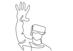 Continuous one line drawing of man reaching something while playing simulation game. Young male wearing a helmet virtual reality glasses isolated on white background. Vector illustration