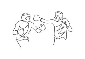 Continuous one line drawing of two man playing boxing isolated on white background. Professional young boxer man doing stretching before practicing boxing. Minimalist style vector illustration