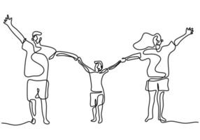 Continuous one line drawing of happy family father, mother and their child playing and jumping together to express their happiness. Happy family parenting concept. Vector illustration