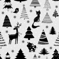 Christmas design with tree, deer, fox, bird and cow. Seamless pattern for textiles, printing and wrapping paper. vector