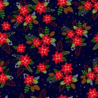 Seamless Christmas Background with poinsettia red, pine cone, rowan berries and snow. Vector background for fabric, wrapping paper and holiday textile.