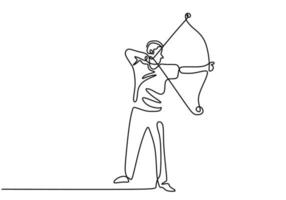 Continuous line drawing of young professional archer man, standing and focus to shooting the target. Healthy refresh shooting with bow. Archery sport theme isolated on white background vector