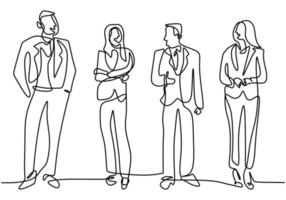 Continuous line drawing of business people standing with gentle and confident pose. Character professional office workers team. Vector illustration simplicity style of businessman and businesswoman.