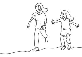 One continuous line drawing of two little girls playing together at field. Two cheerful daughter running around freely and happily. Holiday time concept. Vector illustration on white background