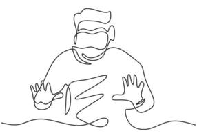 Man in glasses device virtual reality continuous one line drawing. A guy pretending to touch button while wearing virtual reality helmet isolated on white background. Vector illustration