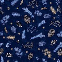 Seamless print with pine cones and twigs on a blue background with stars. Christmas design for printing on fabric, textiles, wrapping paper and holiday design elements. vector