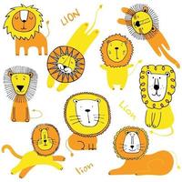 colección de divertidos dibujos de leones. impresión para el diseño gráfico textil de la camiseta. colección linda ilustración de leones para niños. vector