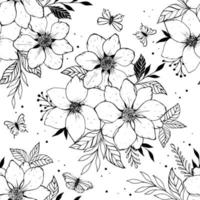 Seamless flowers, leaves and butterfly sketch. Bouquet of hand-drawn spring flowers and plants. Monochrome vector illustration in sketch style.