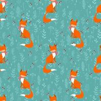 Winter foxes on background berry branch seamless pattern. Funny background Christmas blue. Print for winter design, fabric and cover. vector