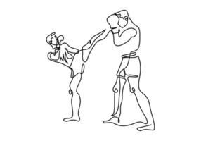 Continuous one line drawing of two man playing boxing isolated on white background. Professional young boxer man doing stretching before practicing boxing. Minimalist style vector illustration