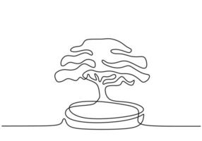 Decorative bonsai tree in pots continuous one line drawing. Old beauty exotic little bonsai tree for home art wall decor. Ancient potted plant minimalist style on white background. vector