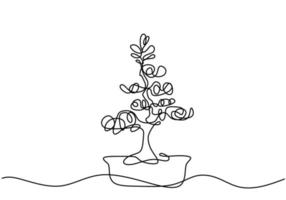 Bonsai decorativo en macetas con dibujo continuo de una línea. Bonsai exótico de belleza antigua para decoración de paredes de arte en casa. antigua planta en maceta estilo minimalista sobre fondo blanco. vector