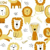 Seamless funny lions drawing. Print for fabric, graphic design. Collection cute lions illustration for kids. vector