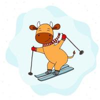 Funny cow on ski. Vector illustration of winter cow.