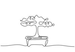 Bonsai decorativo en macetas con dibujo continuo de una línea. Bonsai exótico de belleza antigua para decoración de paredes de arte en casa. antigua planta en maceta estilo minimalista sobre fondo blanco. vector