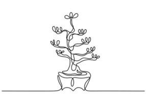 Decorative bonsai tree in pots continuous one line drawing. Old beauty exotic little bonsai tree for home art wall decor. Ancient potted plant minimalist style on white background. vector