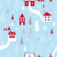 Funny seamless vector pattern with houses, snowflakes and Christmas tree. Can be used  for fabric, phone case and wrapping paper.