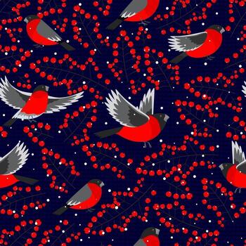 Navidad de patrones sin fisuras con bayas de serbal y aves sobre fondo oscuro. vector de fondo para tela, papel de regalo y tarjeta de felicitación.