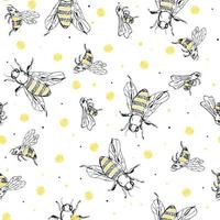 Sketch bee seamless pattern. Black and yellow background with insects. Hand drawn design for wrapping, textile or honey package. vector