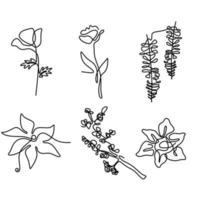 dibujo de línea continua de un conjunto de diferentes flores como sakura, tulipán, camelia, azalea, etc. Hermoso símbolo floral natural floreciente de la primavera aislado sobre fondo blanco. estilo minimalista vector