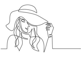 Woman in hat one continuous line art minimalist style. Beauty elegant young modern woman wearing hat isolated on white background. Female fashion concept for t-shirt, tote bag print. vector