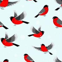 Seamless pattern with bullfinch birds and snow. Vector illustration for Christmas and New Year's greeting cards, invitations, printed material design, fabric and wrapping papper.