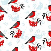 Christmas seamless pattern with rowan berry and bullfinch on blue background. Vector background for fabric, wrapping paper and greeting card