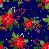 Seamless Christmas Background with red poinsettia, pine cone, holly berries and snowflakes. Vector background for fabric, wrapping paper and holiday textile.