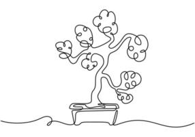 A bonsai tree in pot one continuous line drawing vector isolated on white background with minimal design. Decorative old miniature plants for home interior design. Houseplant concept