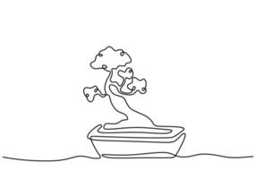 A bonsai tree in pot one continuous line drawing vector isolated on white background with minimal design. Decorative old miniature plants for home interior design. Houseplant concept