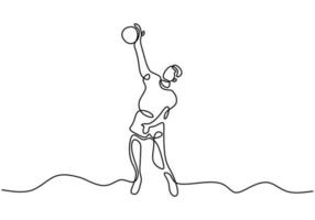 Continuous line drawing of young energetic male volleyball player in action jumping spike on court. Professional man jumps to throw the ball. Vector illustration minimalist design