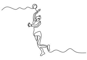 Continuous line drawing of young energetic male volleyball player in action jumping spike on court. Professional man jumps to throw the ball. Vector illustration minimalist design