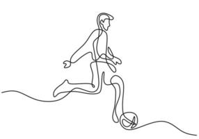 Continuous line drawing a football player kicks the ball. Young athletic man playing football in the field. Character male in soccer isolated on white background. Vector illustration