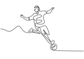 Continuous line drawing a football player kicks the ball. Young athletic man playing football in the field. Character male in soccer isolated on white background. Vector illustration