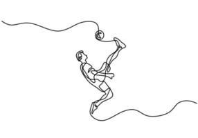One continuous line drawing of young professional football player shooting the ball with bicycle kick technique isolated on white background. Soccer match sports concept. Vector illustration