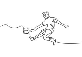 Continuous one line drawing a male soccer player in shorts kicks the ball. Young energetic guy playing football with free style. Soccer match sports concept. Vector minimalism design illustration